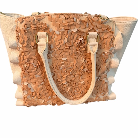 Betsey Johnson Pink and Cream Floral Tote Purse Crossbody & Fuzzy Keychain - Picture 6 of 14